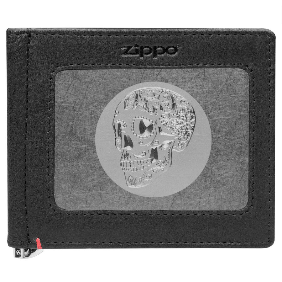 black leather wallet- skull metal plate design