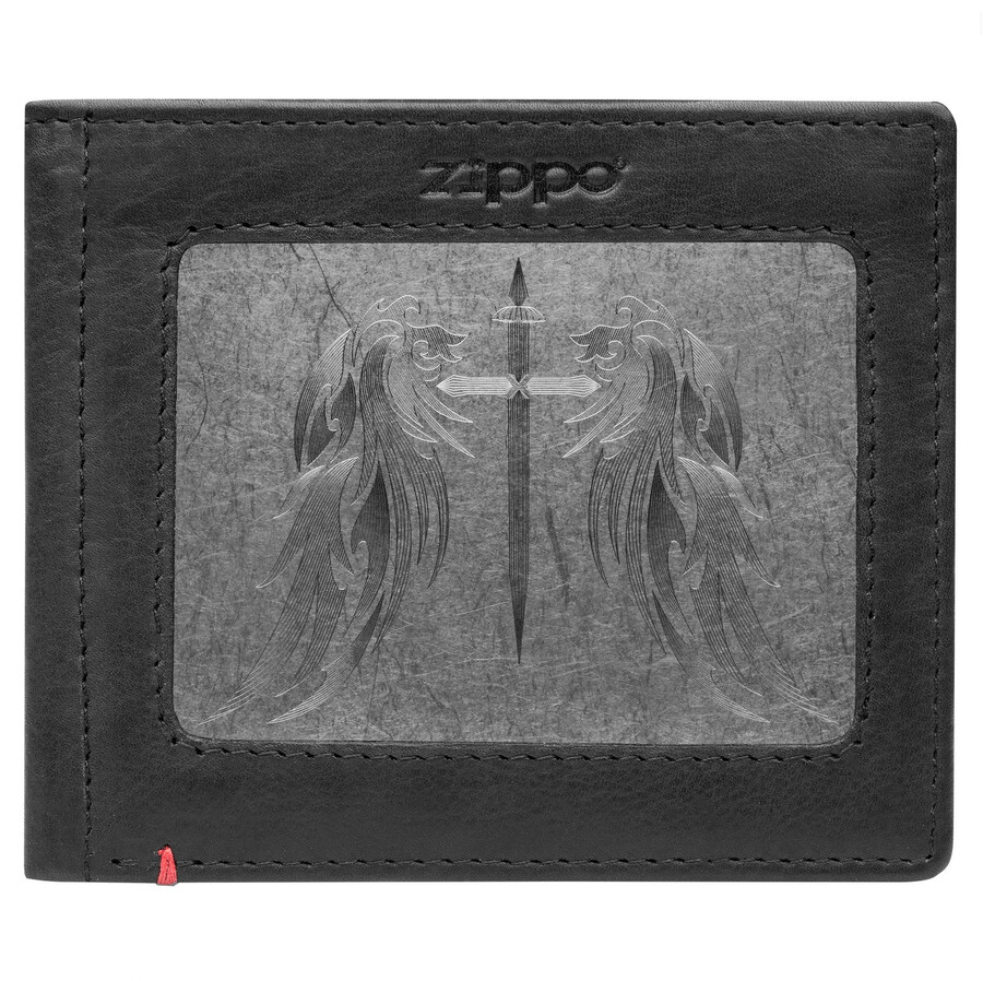 black leather wallet- cross wings metal plate design