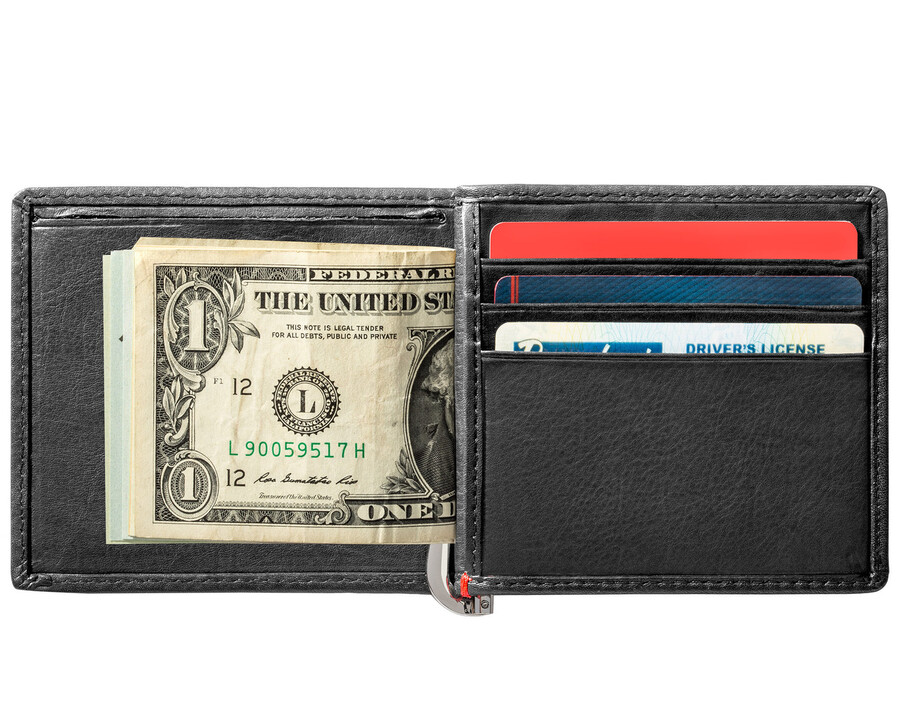 black leather wallet- spade metal plate design