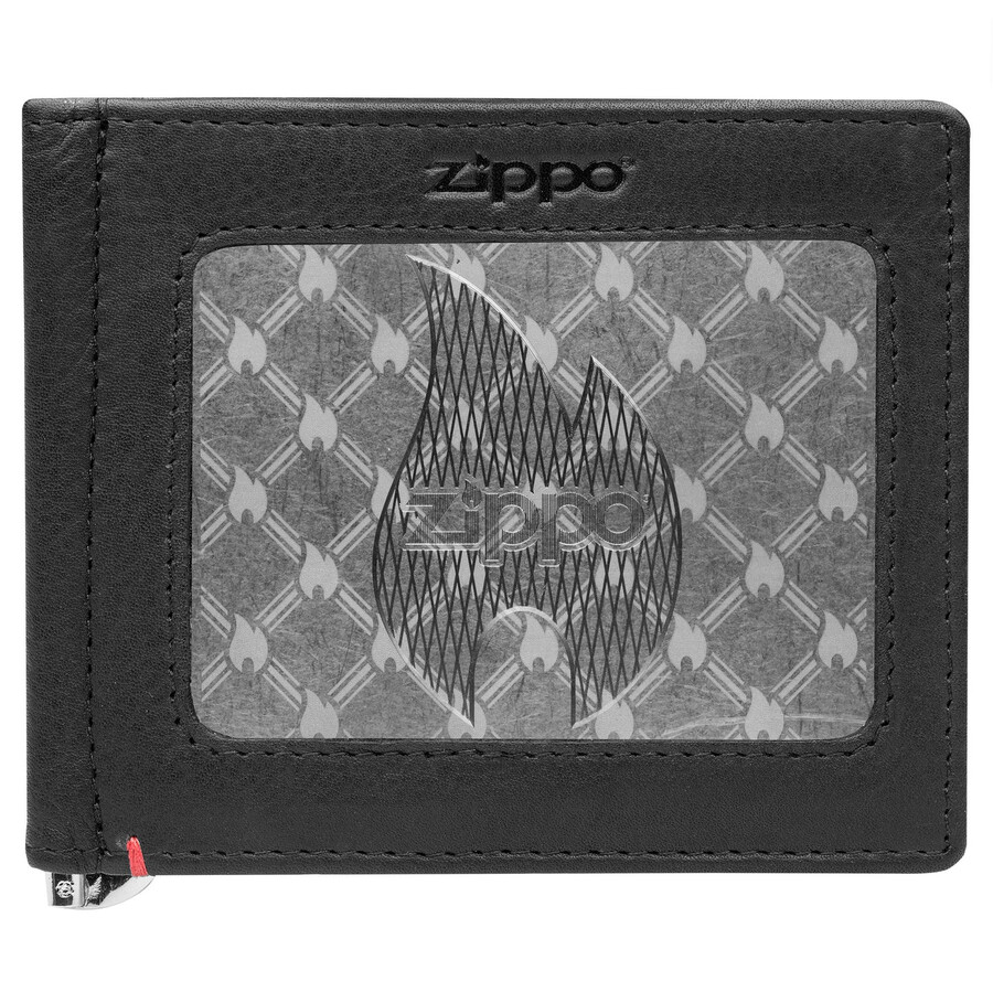 black leather wallet- zippo flame metal plate design