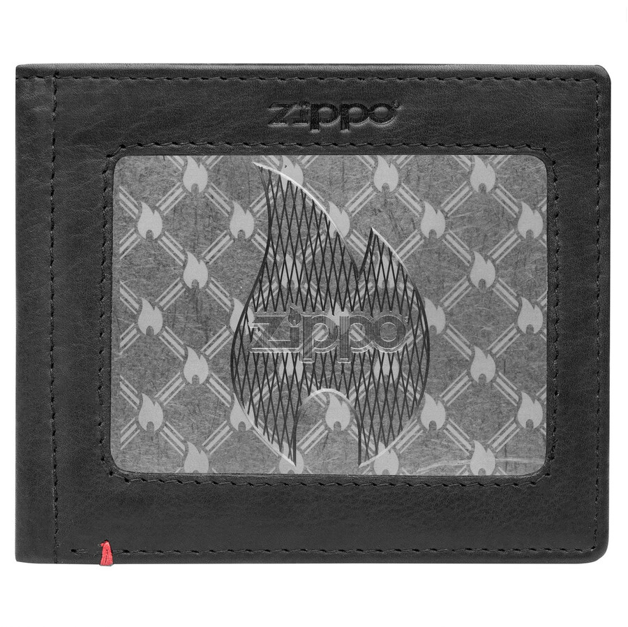 black leather wallet- zippo flame metal plate design