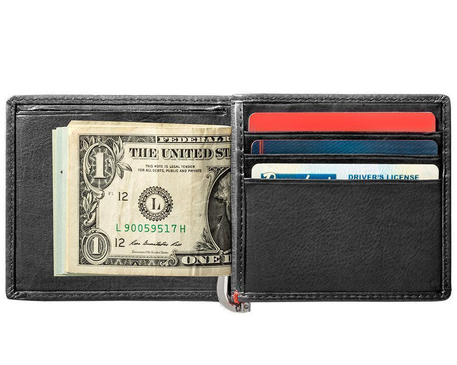 black leather wallet- zippo flame metal plate design