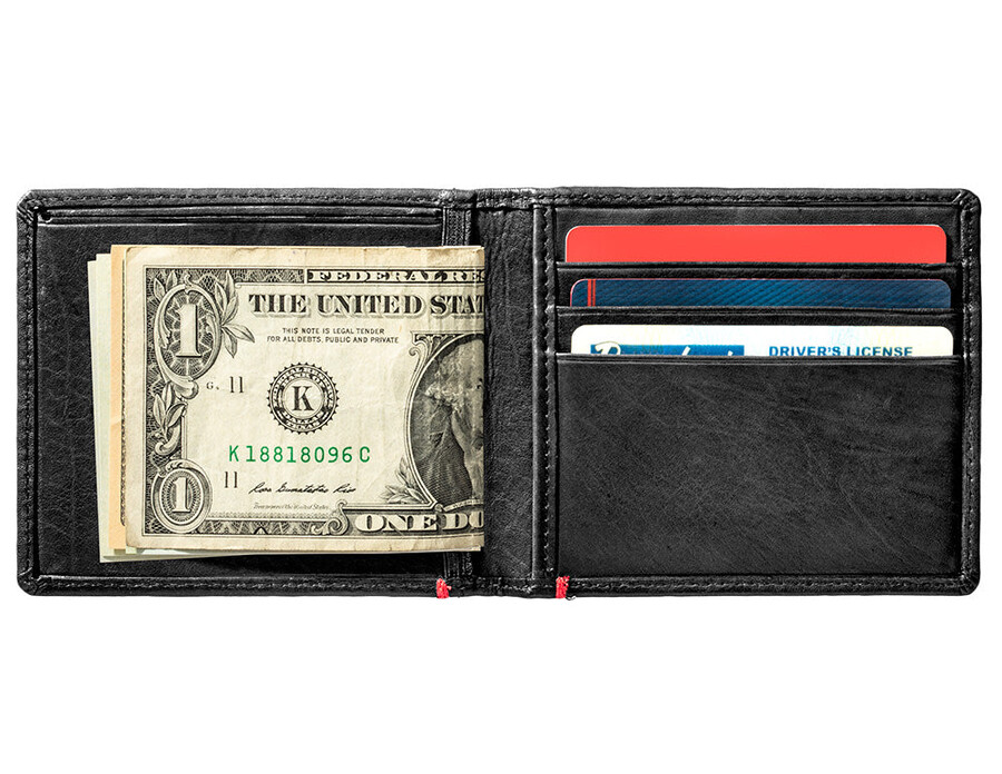 black leather wallet- zippo flame metal plate design
