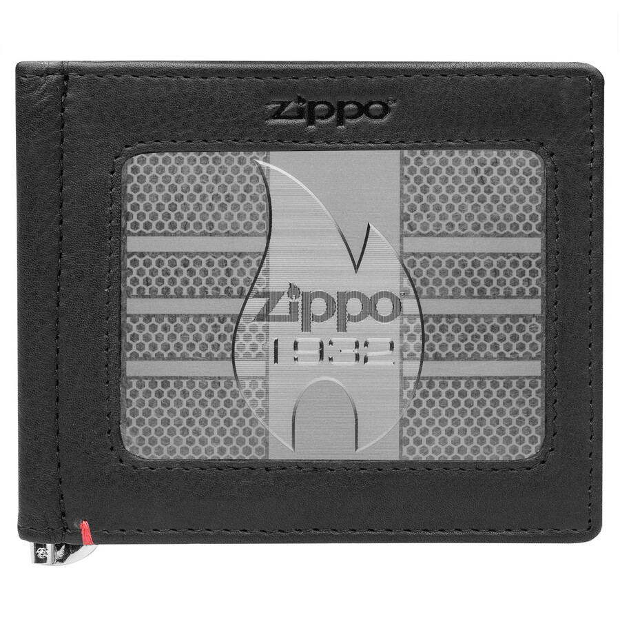black leather wallet- zippo 1932 metal plate design