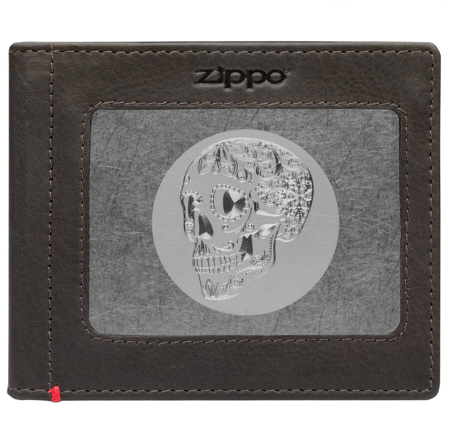 mocha leather wallet- skull metal plate design