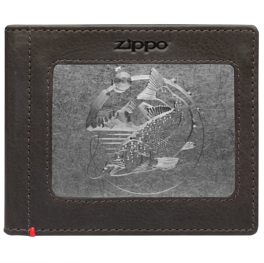 mocha leather wallet- bass metal plate design
