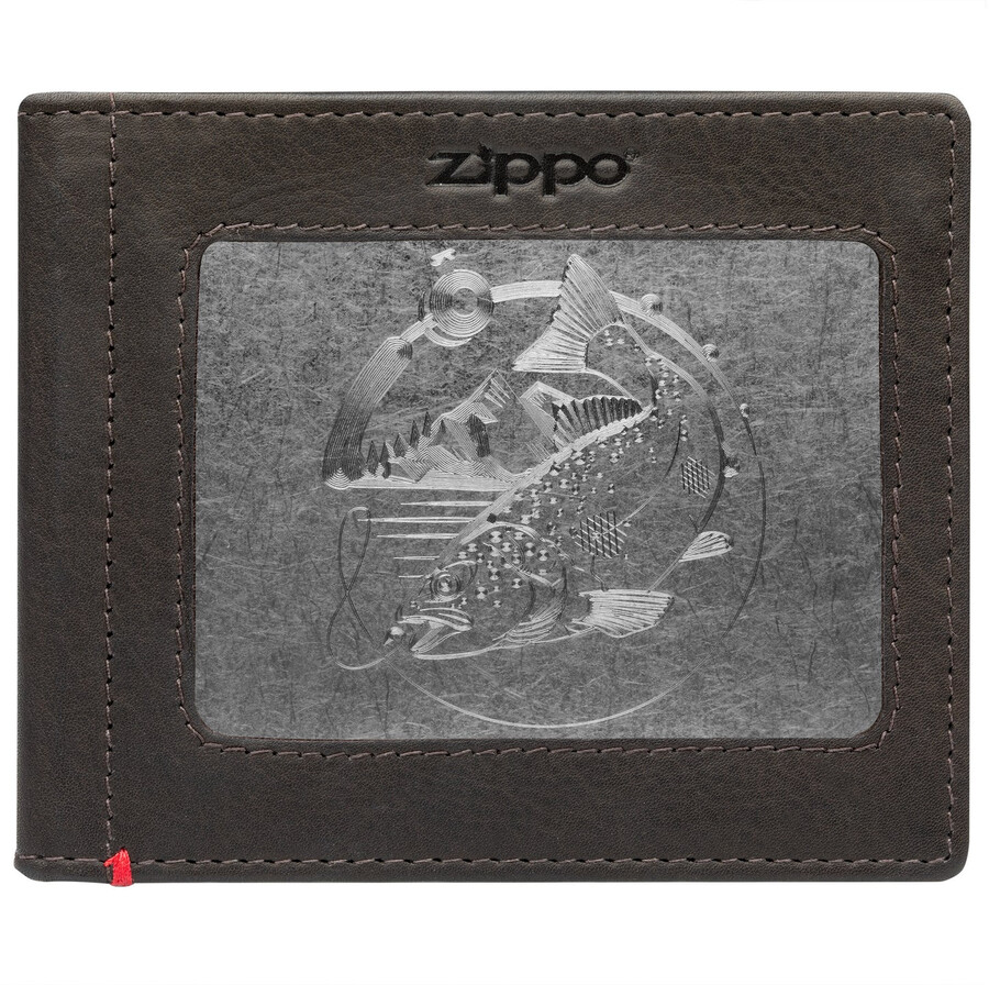 mocha leather wallet- bass metal plate design