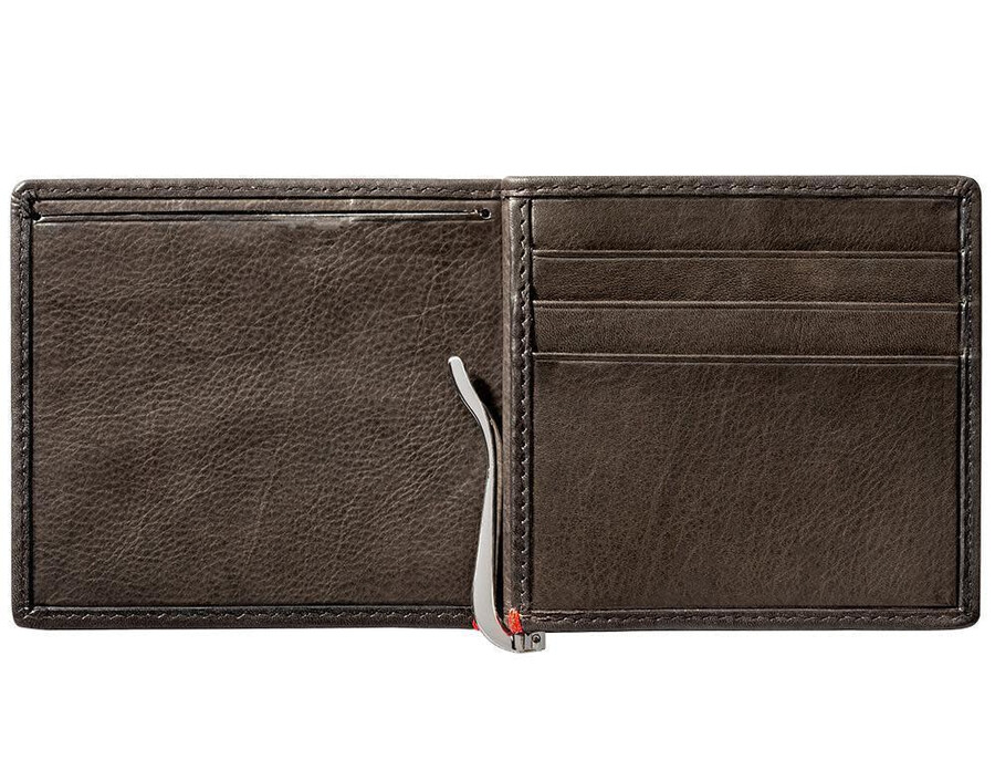 mocha leather wallet- bass metal plate design