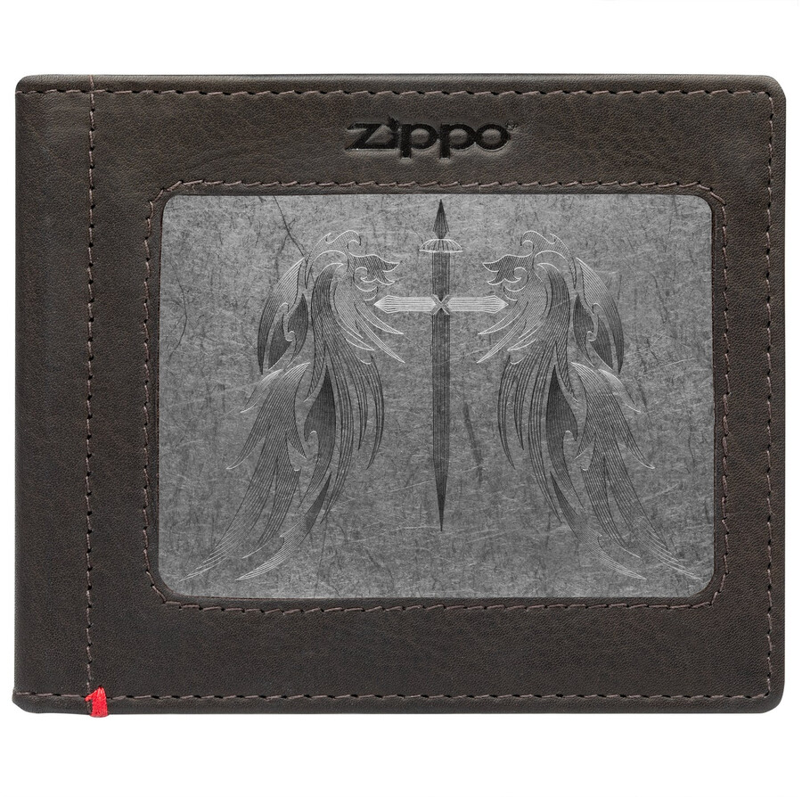 mocha leather wallet- cross wings metal plate design