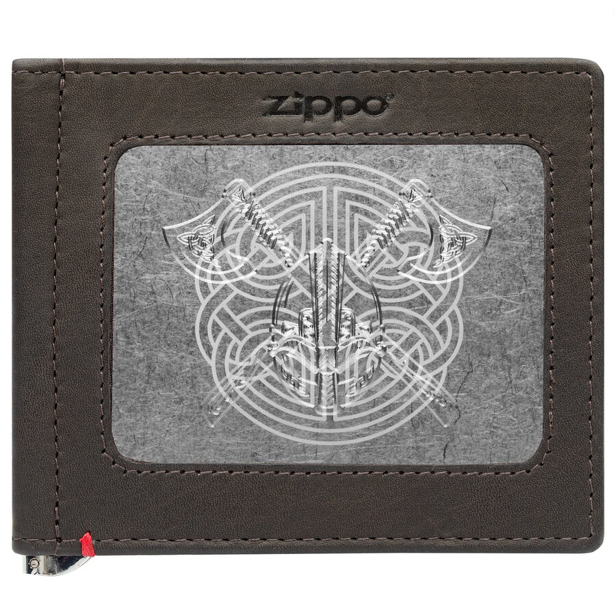 mocha leather wallet- viking metal plate design