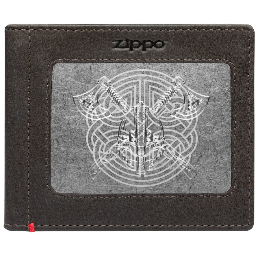 mocha leather wallet- viking metal plate design