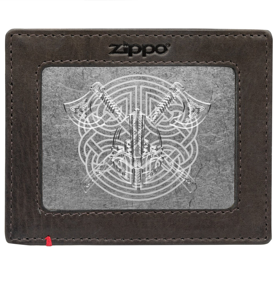 mocha leather wallet- viking metal plate design
