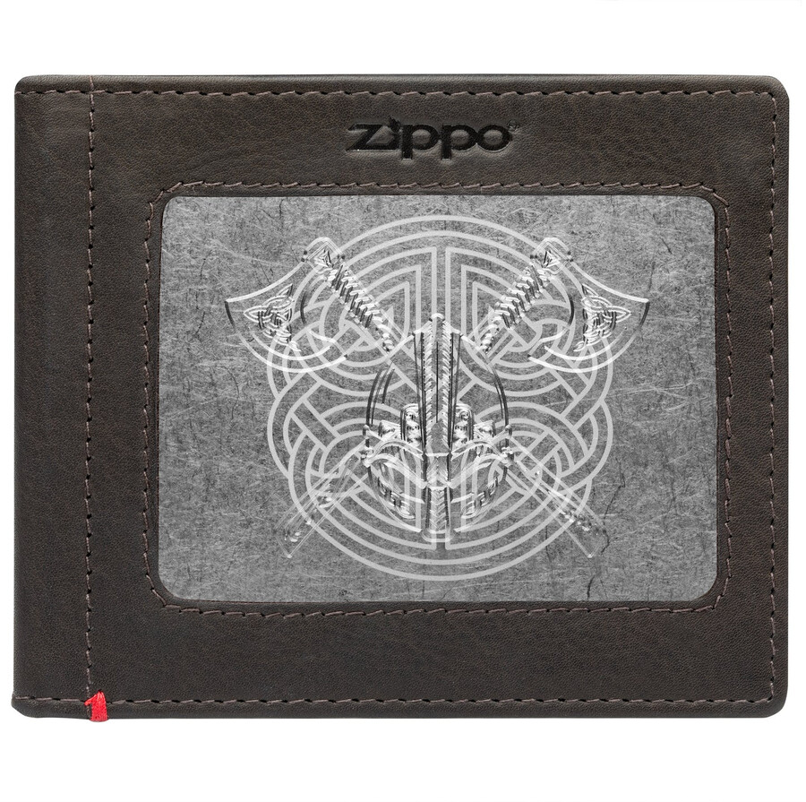 mocha leather wallet- viking metal plate design
