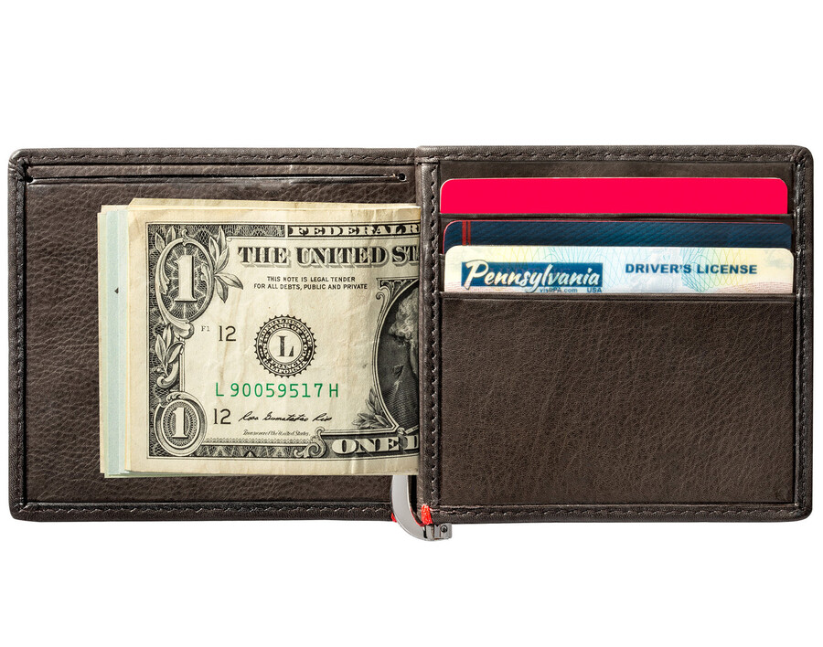 mocha leather wallet- viking metal plate design