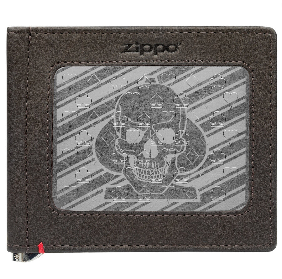 mocha leather wallet- spade skull metal plate design