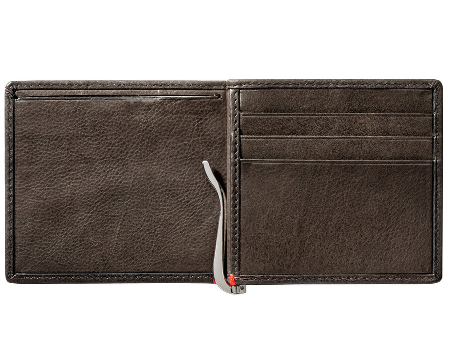 mocha leather wallet- spade skull metal plate design