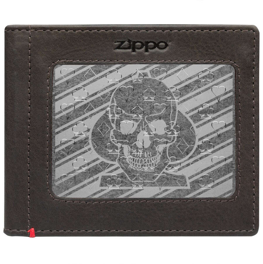 mocha leather wallet- spade skull metal plate design