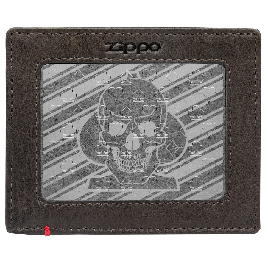 mocha leather wallet- spade skull metal plate design