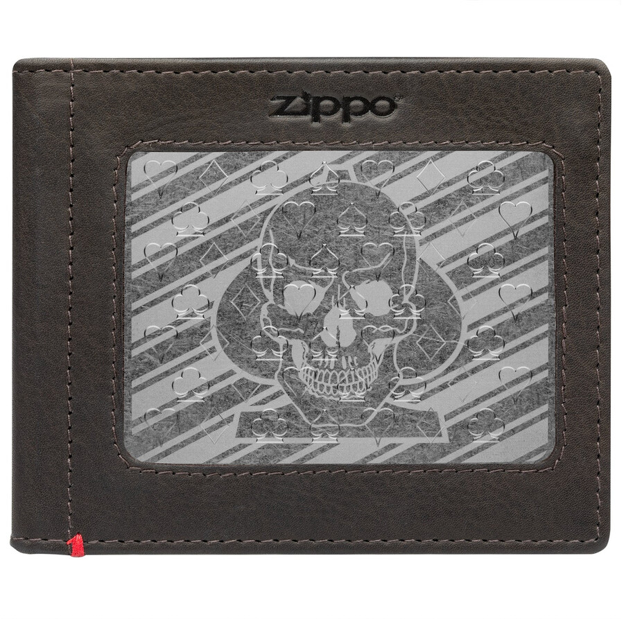 mocha leather wallet- spade skull metal plate design