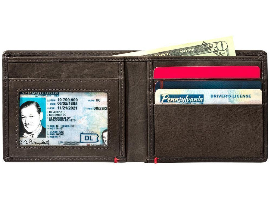 mocha leather wallet- spade metal plate design