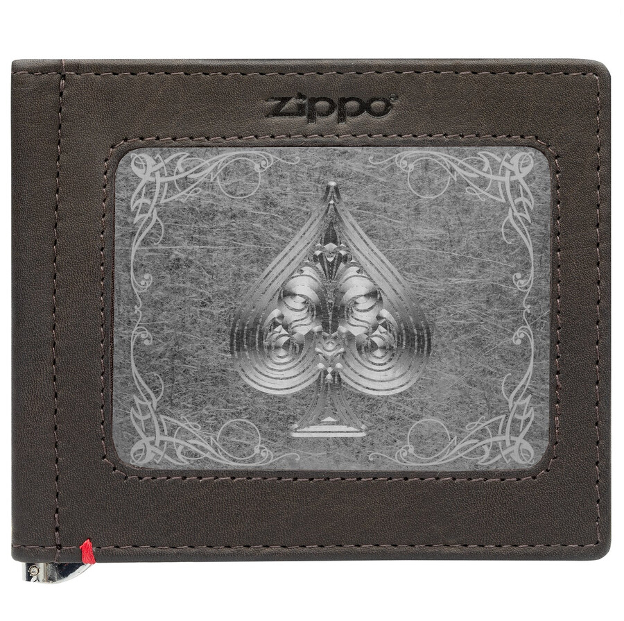 mocha leather wallet- spade metal plate design