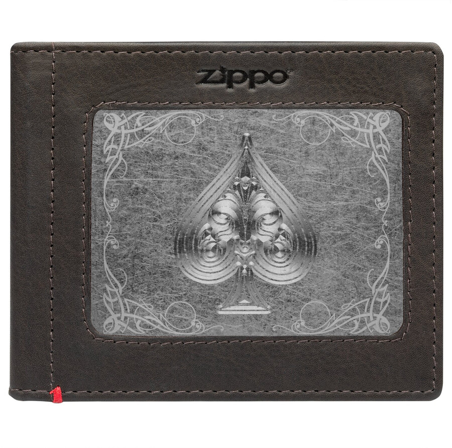 mocha leather wallet- spade metal plate design
