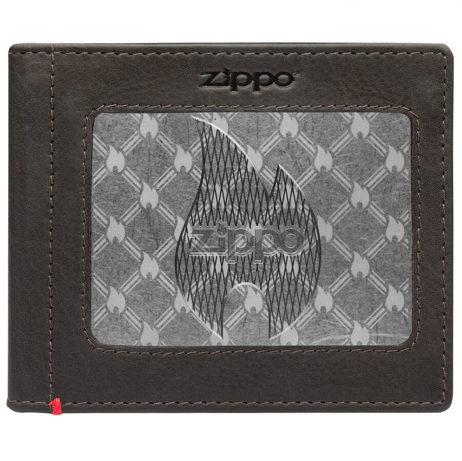 mocha leather wallet- zippo flame metal plate design