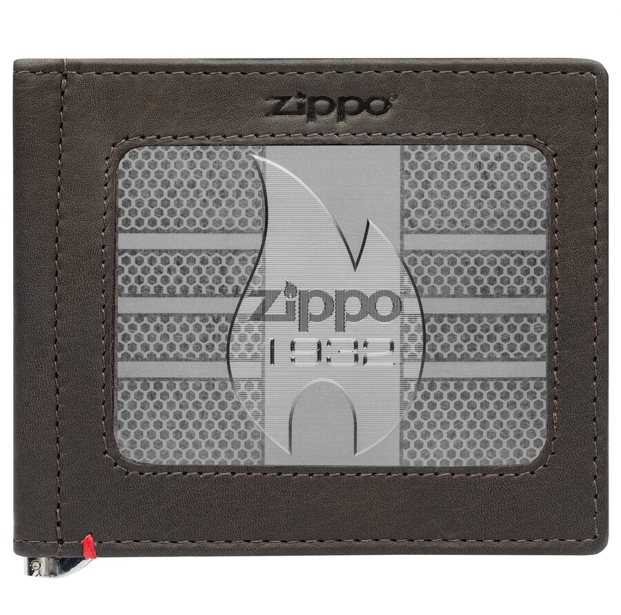 mocha leather wallet- zippo 1932 metal plate design