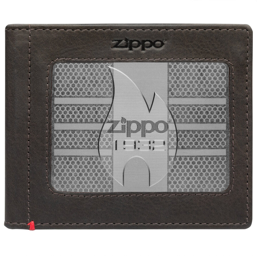mocha leather wallet- zippo 1932 metal plate design