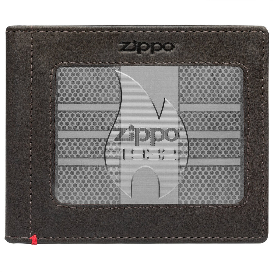 mocha leather wallet- zippo 1932 metal plate design